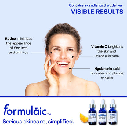 Formulaic Set of 3 Face Serums - Vitamin C, Retinol & Hyaluronic Acid Serums